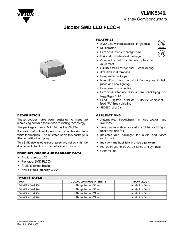 Vishay Semiconductors VLMKE340 Bicolor SMD LED PLCC-4 Specifications Owner's Manual - Page 1