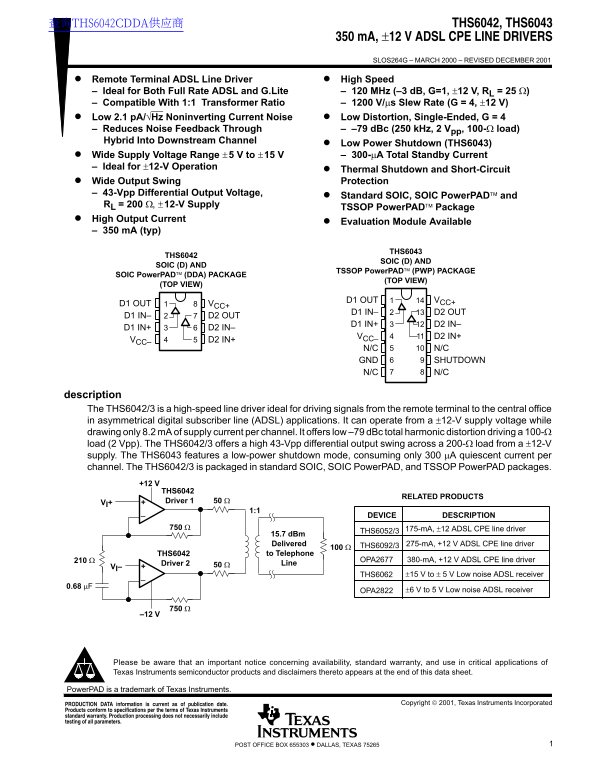 Texas Instruments THS6042, THS6043 350 mA, ±12 V ADSL CPE LINE DRIVER Owner's Manual - Page 1