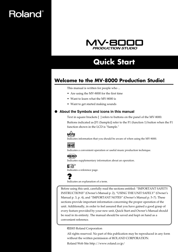 Roland MV-8000 Music Production Workstation Quick Start User Manual - Page 1