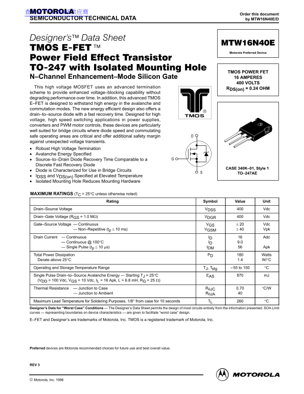 MOTOROLA MTW16N40E Data Sheet - Page 1