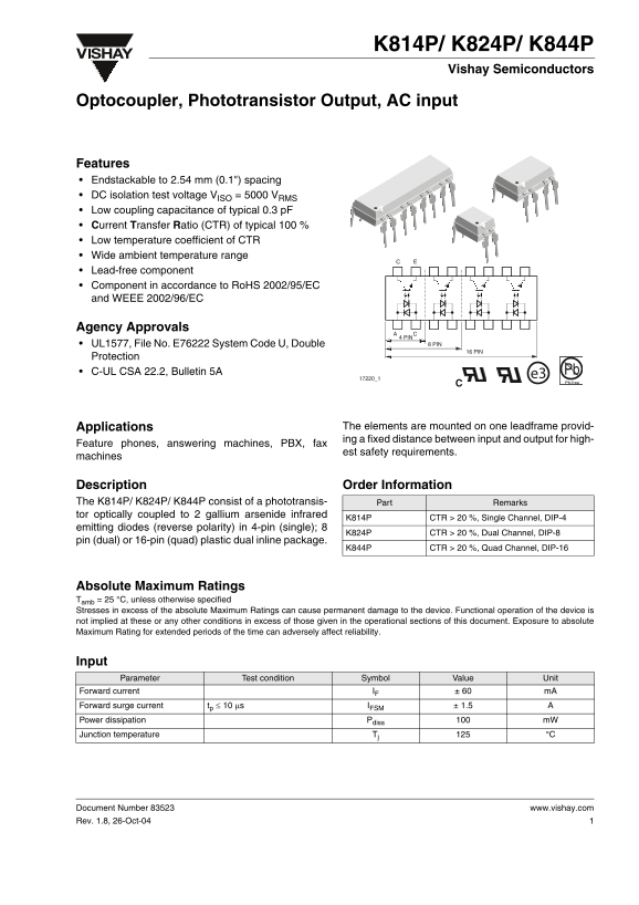 Vishay K814P K824P K844P User Guide and Specifications - Page 1