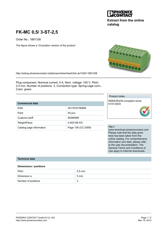Phoenix Contact FK-MC 0.5 3-ST-2.5 Order No. 1881338 Product: 10-Position Version - Data Manual / User Guide - Page 1