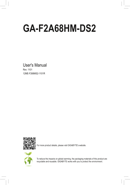 Gigabyte Motherboard GA-F2A68HM-DS2 (rev.1.1) User Manual - English (version 1101) - Page 1
