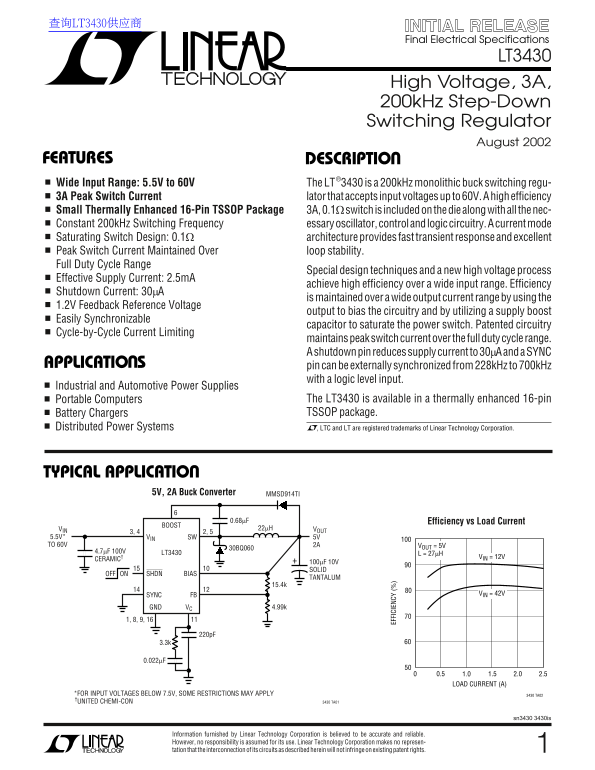 LINEAR LTC3430 Data Handbook/Specifications Sheet - Page 1