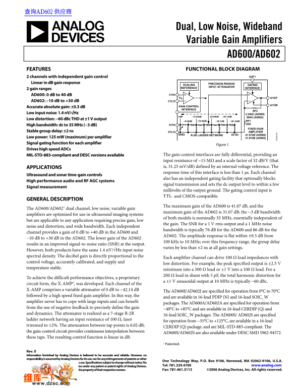 AD600/AD602: Dual, Low Noise, Wideband Variable Gain Amplifiers Data Handbook Specifications Owner's Manual - Page 1
