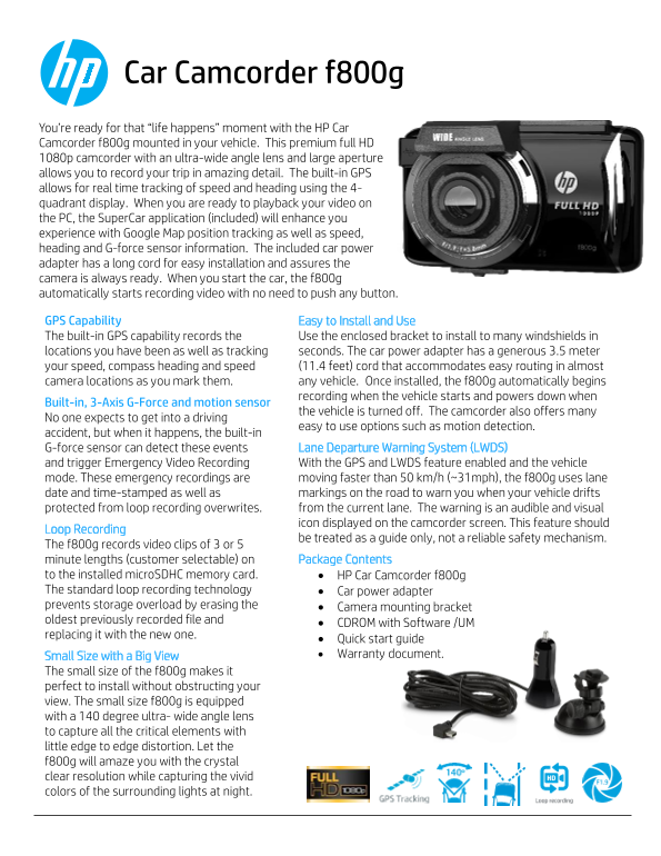 HP f800g Car Camera Product Information - Page 1