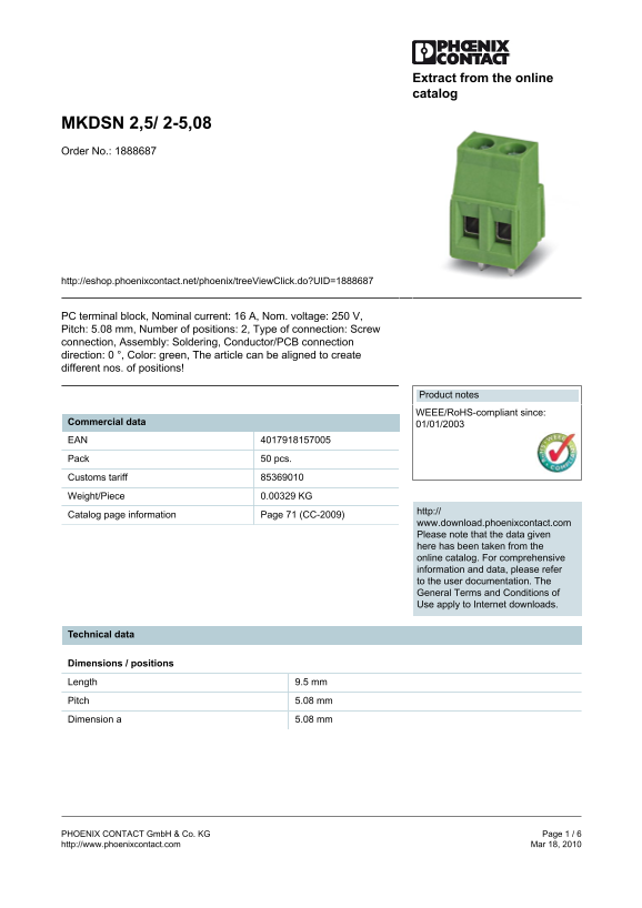 Phoenix Contact - MKDSN 2,5 2-5,08 Data Manual - Page 1