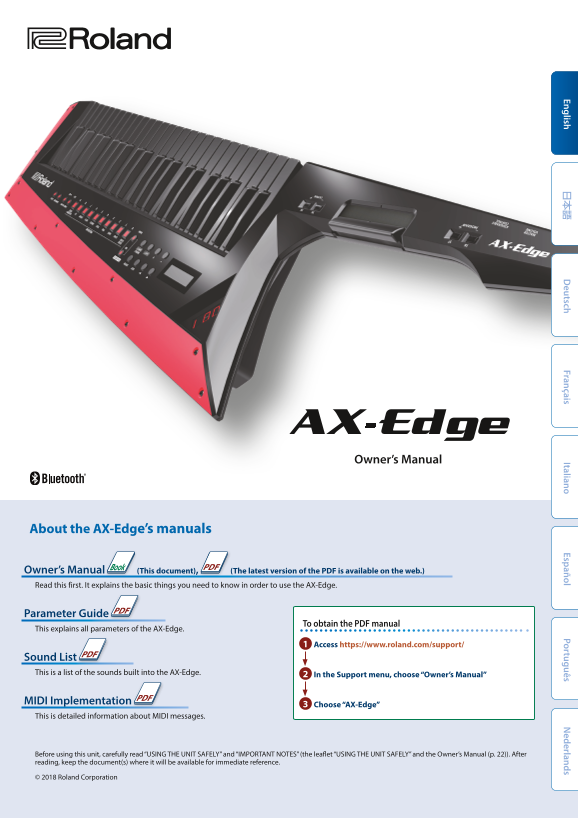 Roland AX-Edge Shoulder Bag Synthesizer Owner's Manual User Guide - Page 1