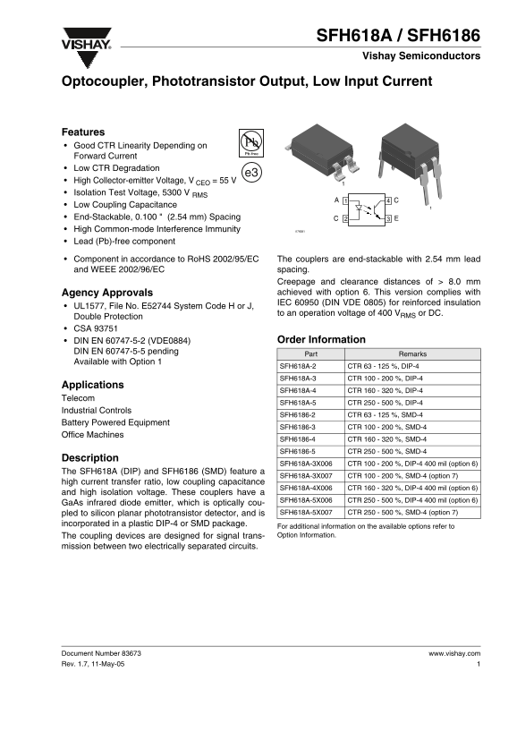 Vishay SFH618A SFH6186 User Guide - Page 1