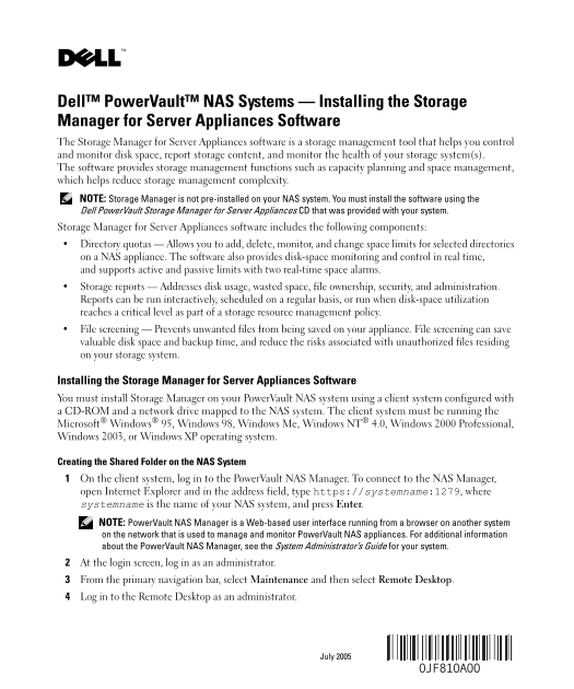 Dell PowerVault NAS Systems - Installing the Storage Manager for Server Appliances Software User's Manual - Page 1