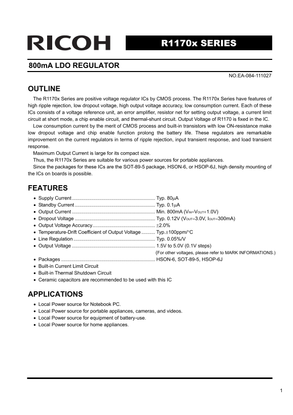 Ricoh R1170x Series 800mA LDO Regulator Data Sheet User Manual - Page 1