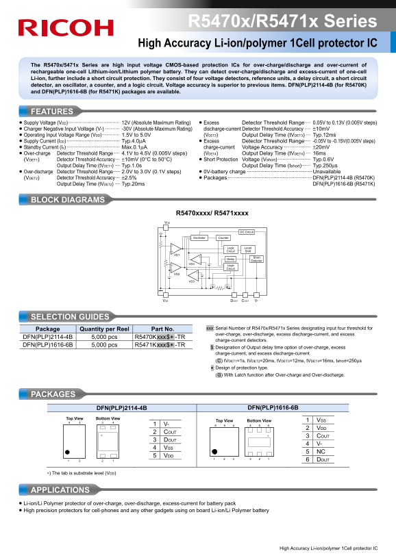 High Accuracy Li-ion polymer 1Cell Protector IC for RICOH R5470x R5471x Series Data Manual User Guide - Page 1