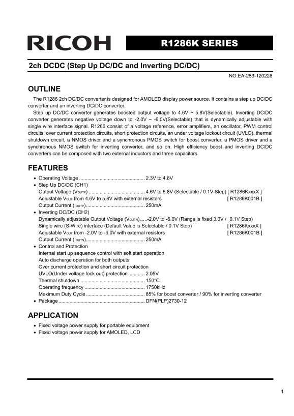 RICOH R1286K SERIES 2ch DCDC (Step Up DC-DC and Inverting DC-DC) Data Manual - Page 1