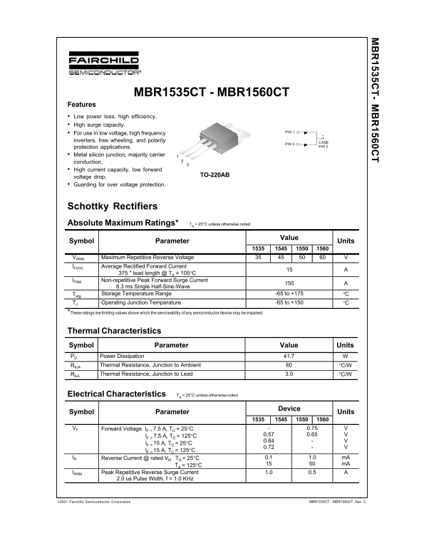 Fairchild MBR1535CT, MBR1545CT, MBR1550CT, MBR1560CT Schottky Rectifiers Data Manual - Page 1