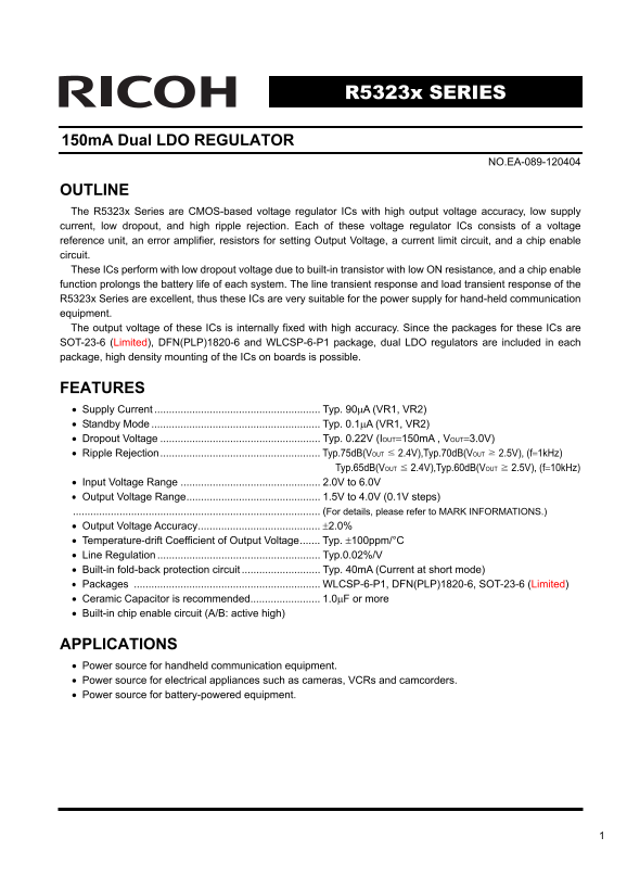 RICOH R5323x Series 150mA Dual LDO REGULATOR Data Sheet - Page 1