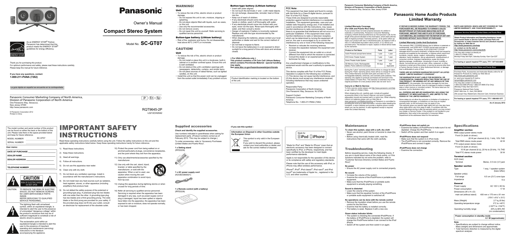 Panasonic SC-GT07 User Guide - Page 1