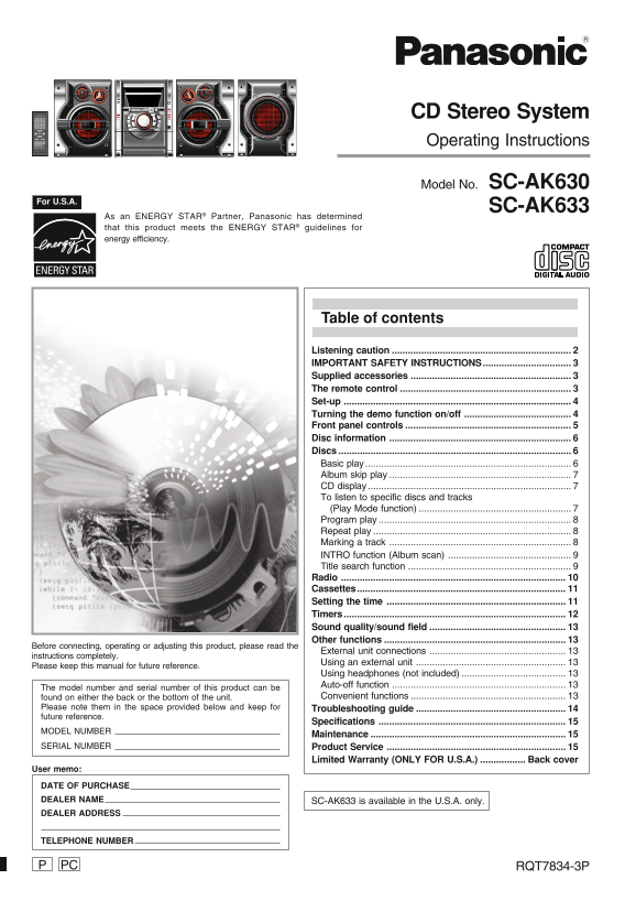 Panasonic SC-AK630 SC-AK633 CD Stereo System Operating Instructions - Page 1