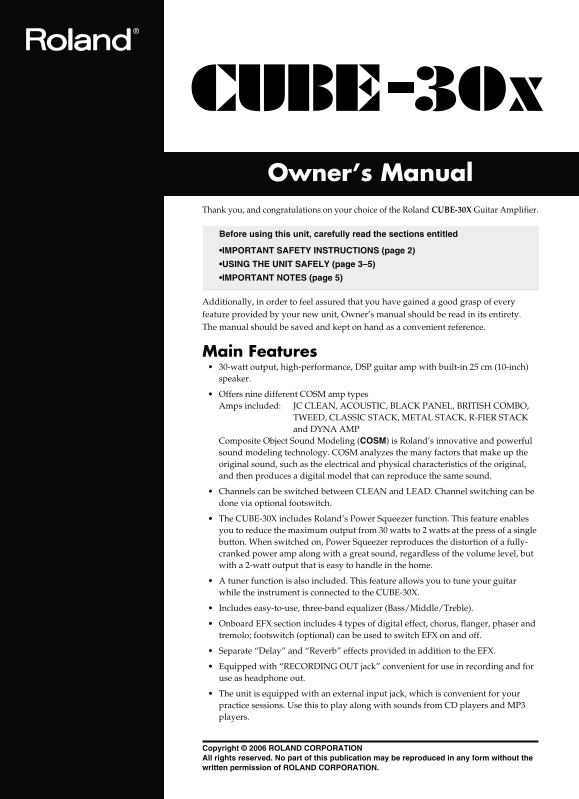 Roland Cube-30X Guitar Amplifier Speaker Owner's Manual - Page 1
