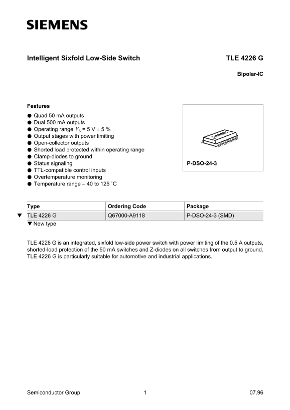 SIEMENS Intelligent Sixfold Low-Side Switch Bipolar-IC TLE 4226 G Owner's Manual - Page 1