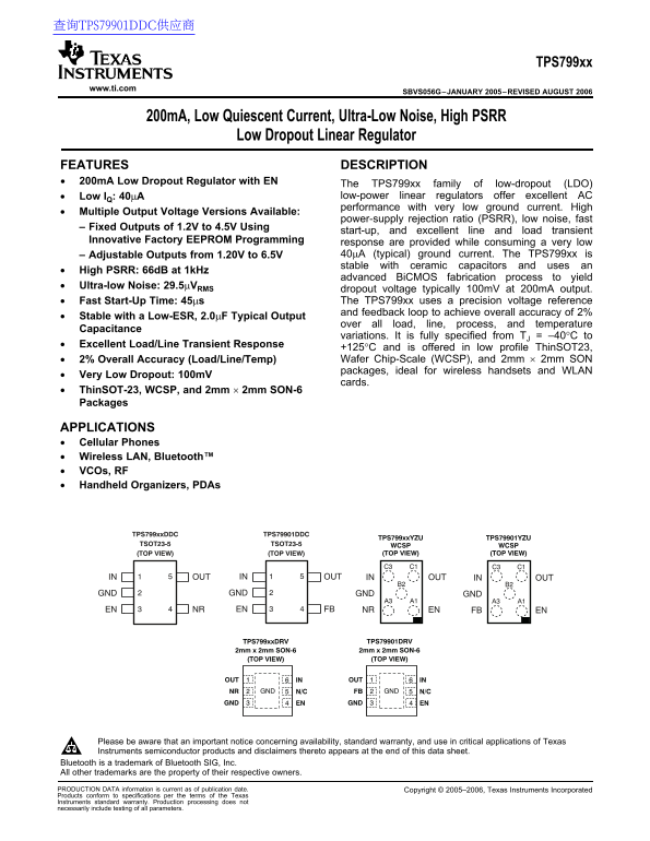 Texas Instruments TPS799xx 200mA, Low Quiescent Current, Ultra-LOW Noise, High PSRR Low Dropout Linear Regulator Data Sheet User Manual - Page 1