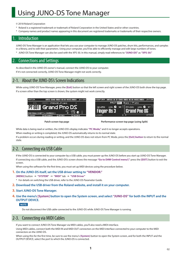 Roland Juno-DS61 Synthesizer[English] User Guide for JUNO-DS Tone Manager - Page 1