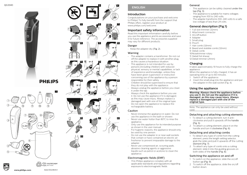 Philips Multigroom series 3000 7-in-1 beard trimmer QG3340 User Manual and Product Support Information User Guide - Page 1