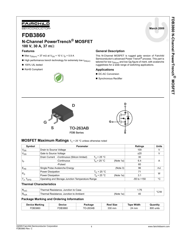 Fairchild FDB3860 Product Specification Sheet - Page 1