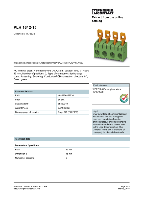 Phoenix Contact PLH 16 2-15 Data Sheet Order No. 1770539 - Page 1