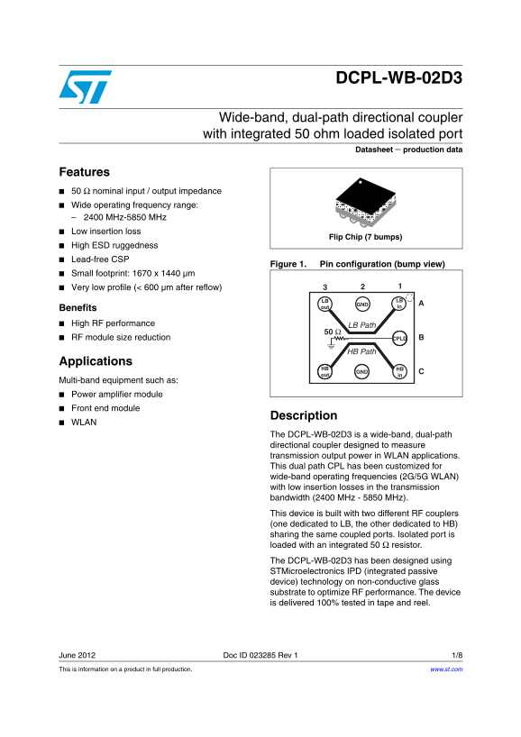 ST DCPL-WB-02D3 Wide-band, dual-path Directional Coupler with Integrated 50 Ohm Loaded Isolated Port Data Manual - Page 1