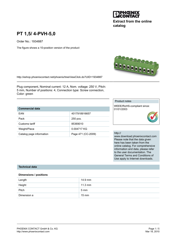 Phoenix Contact PT 1,5 4- PVH-5,0 Data Sheet Manual Order No. 1934887 - Page 1