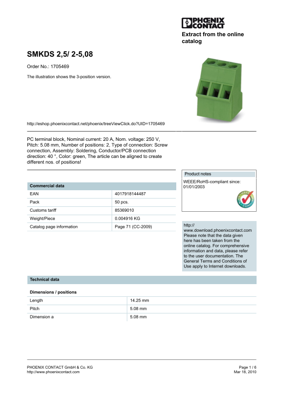 Phoenix Contact SMKDS 2,5 2-5,08 Order No. 1705469 Data Sheet - Page 1
