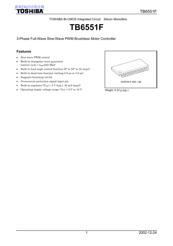 Toshiba TOSHIBA Bi-CMOS Integrated Circuit Silicon Monolithic TB6551F Data Sheet - Page 1