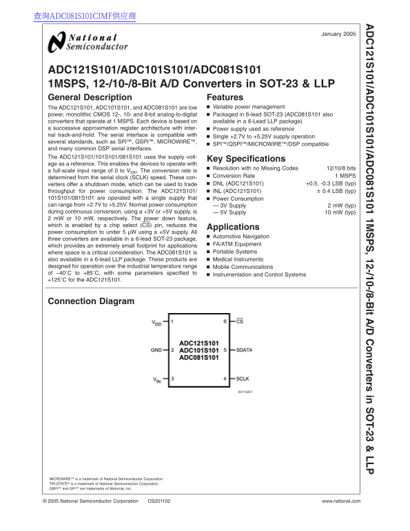 National Semiconductor ADC121S101 ADC101S101 ADC081S101 1MSPS, 12- 10- 8-Bit A D Converters in SOT-23 & LLP Owner's Manual & Specifications - Page 1