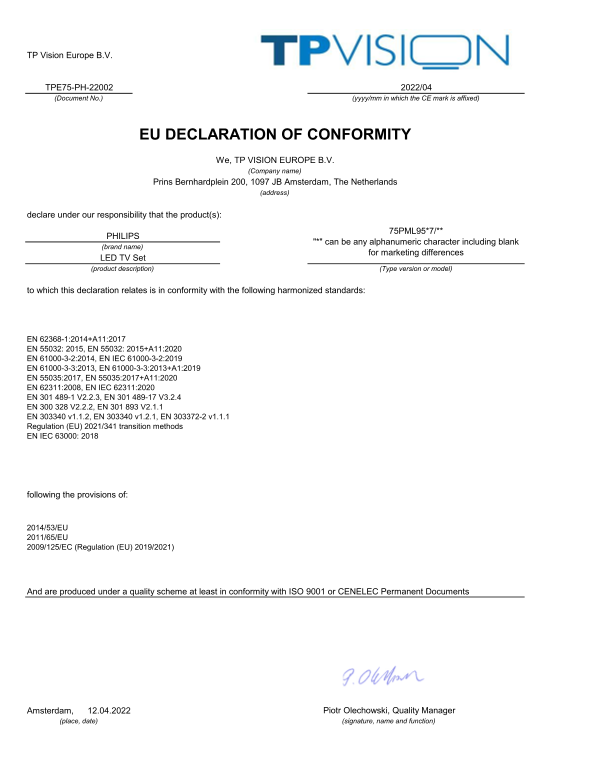 Philips 4K UHD MiniLED Smart TV 75PML9567 T3 Product Support & User Manual - EU Compliance Declaration - Page 1