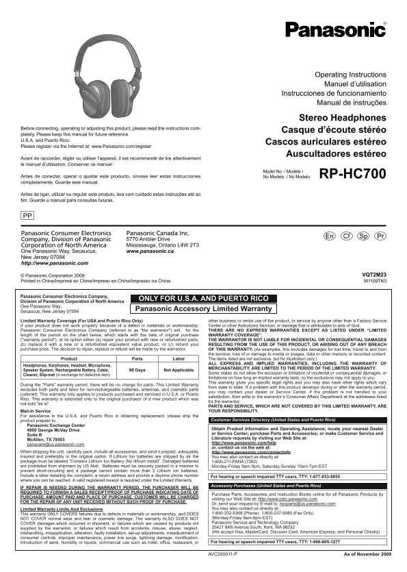 Panasonic RPHC700 Headphones User Guide - Page 1