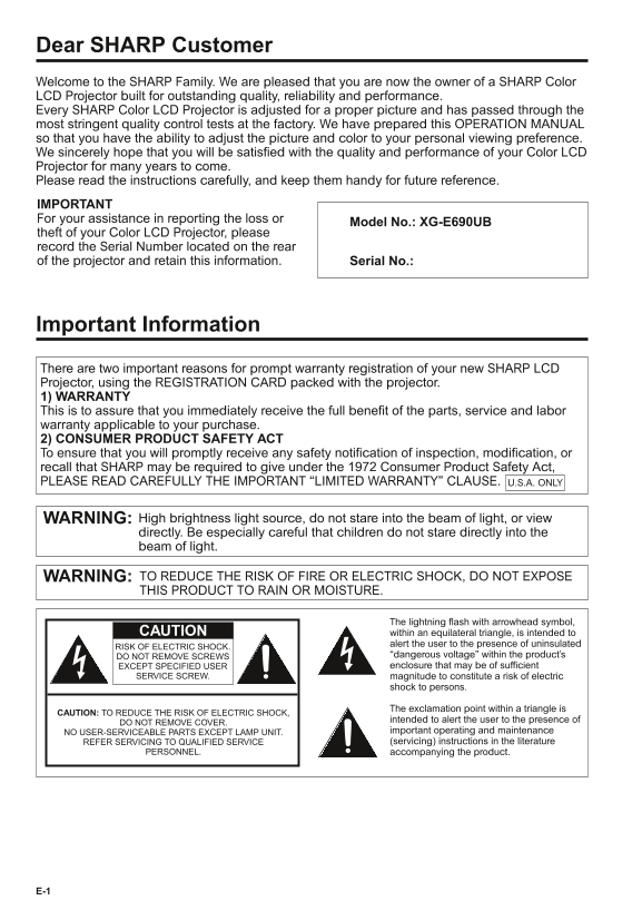SHARP XG- E690UB Operation Manual - Page 1