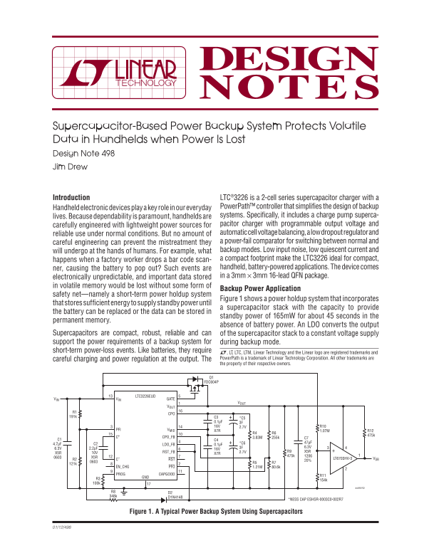 LINEAR Supercapacitor-Based Power Backup System Protects Volatile Data in Handheld Devices During Power Losses. Design Note 498. Owner's Manual & User Guide. - Page 1