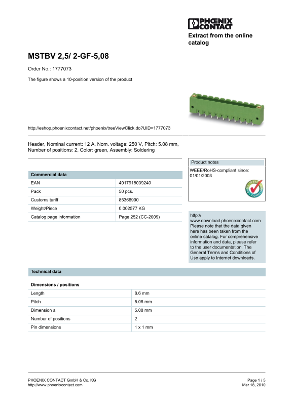 Phoenix Contact MSTBV 2.5 2-GF-5.08 Specifications Data Sheet - Page 1