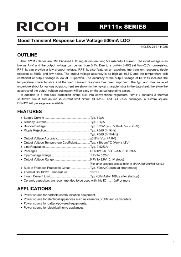 RICOH RP111x Series GoodTransientResponse LowVoltage 500mALDO Data Manual - Page 1