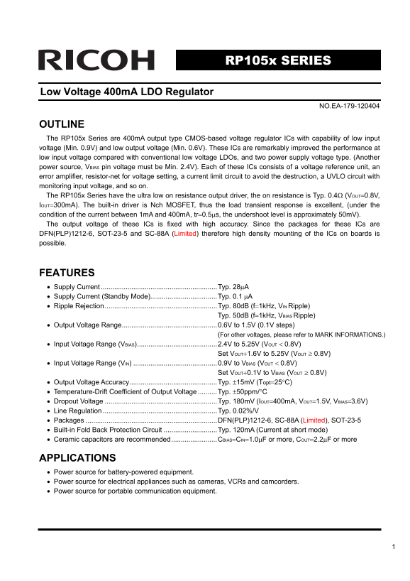 RICOH RP105x SERIES Low Voltage 400mA LDO Regulator Data Sheet User Manual - Page 1