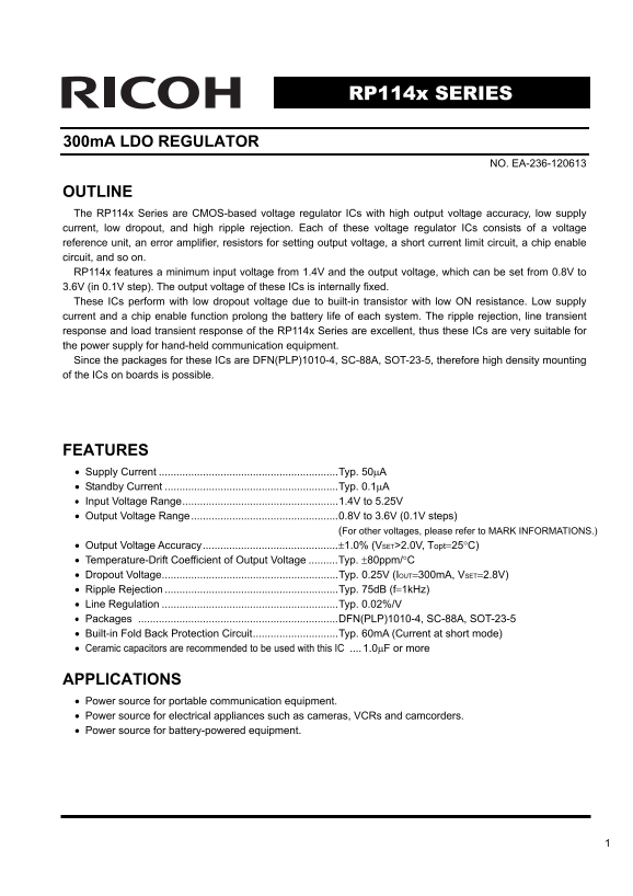 RICOH RP114x SERIES 300mA LDO REGULATOR datasheet user manual - Page 1