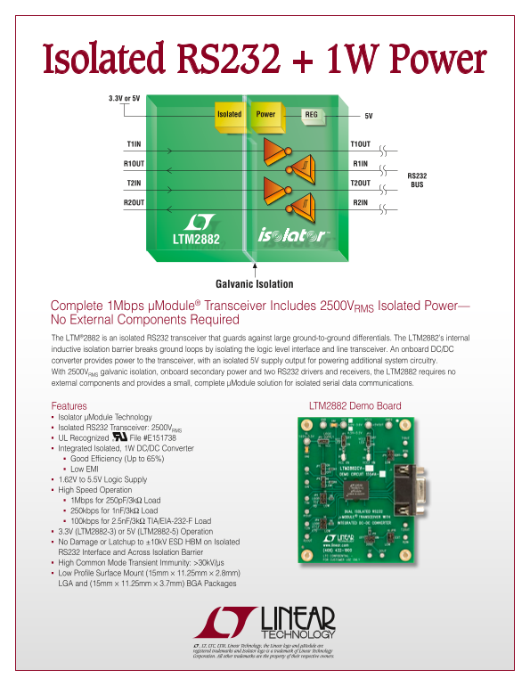LINEAR 2PB_2882e RS232 Isolation Module + 1W Power Supply User Manual - Page 1