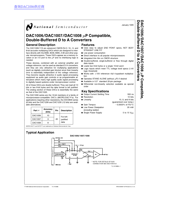 National Semiconductor DAC1006, DAC1007, DAC1008 - mP Compatible, Double-Buffered D/A Converters - Page 1