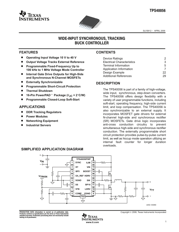 Texas Instruments TPS40056 Data Sheet - Page 1