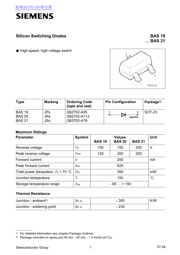 SIEMENS BAS 19 Data Sheet - Page 1