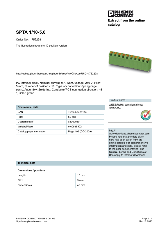 Phoenix Contact SPTA 1 10-5,0 Order No. 1752298 Data Handbook - Illustration Edition: Shows the 10-position Version - Page 1