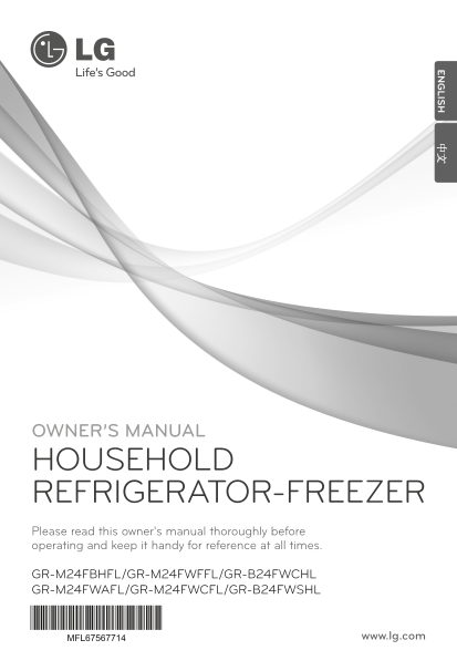 LG French Door Refrigerator GR-B24FWCHL.AVMPECT Product Manual English - Page 1