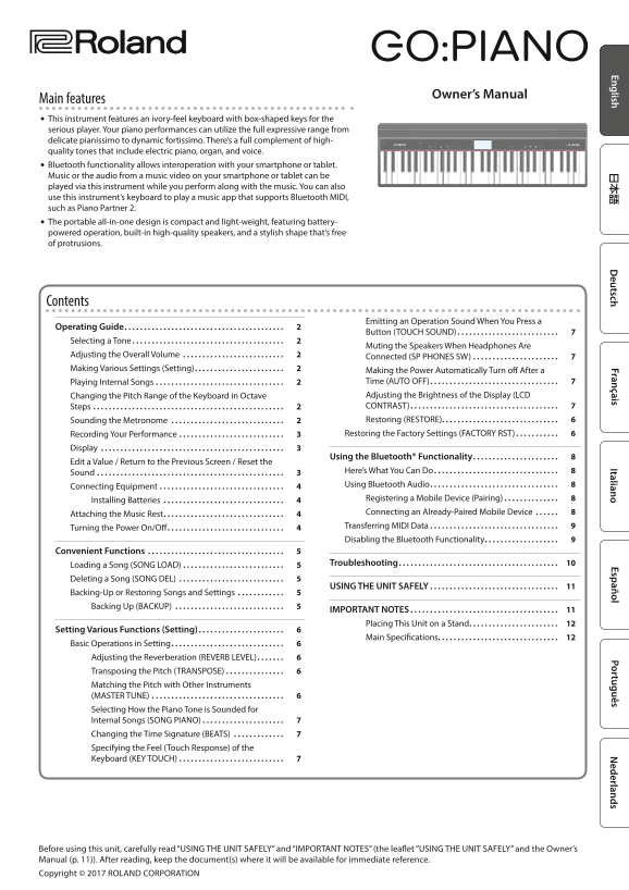 Roland GO PIANO User's Manual (GO-61P)[English]) - Page 1