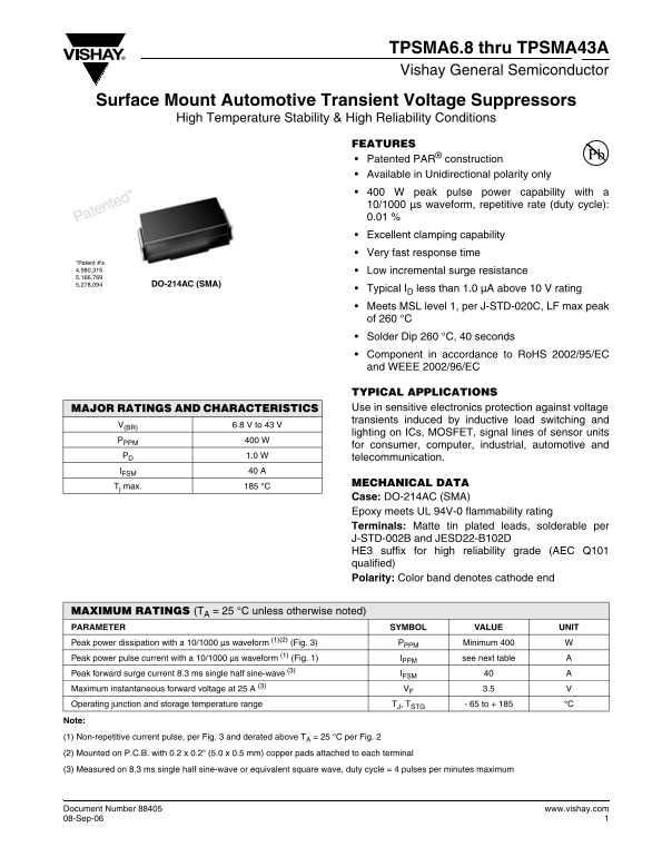 Vishay Surface Mount AutomotiveTransient Voltage SuppressorsHigh Temperature Stability & High ReliabilityConditions Data Sheet Owner's Manual - Page 1
