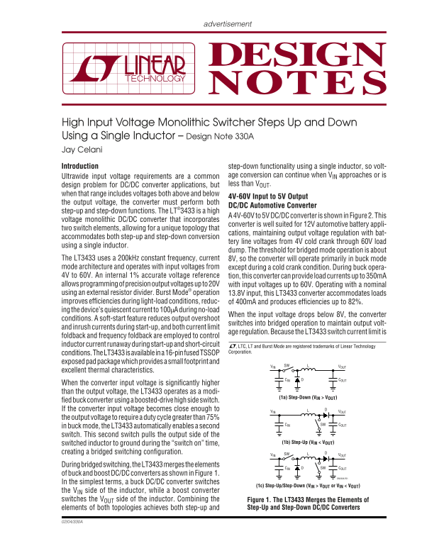 LINEAR High Input Voltage Monolithic Switcher Steps Up and Down Using a Single Inductor – Design Note 330A - Page 1